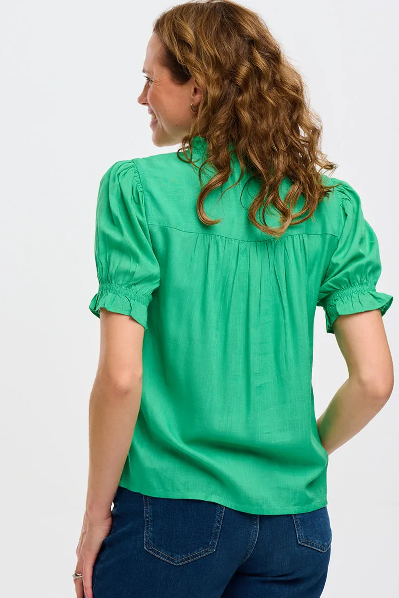 Angelique Shirred Top - Green. Rainbow Parrots Embroidery