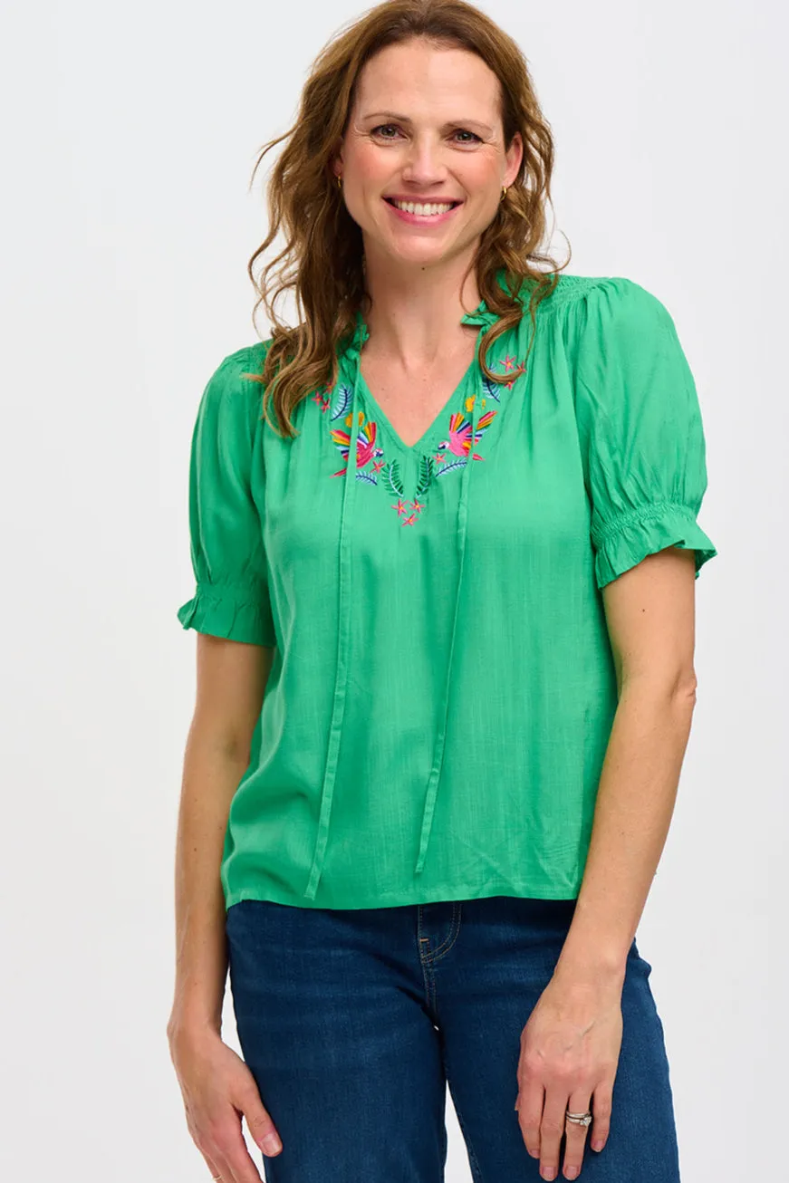 Angelique Shirred Top - Green. Rainbow Parrots Embroidery