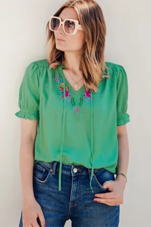 Angelique Shirred Top - Green. Rainbow Parrots Embroidery
