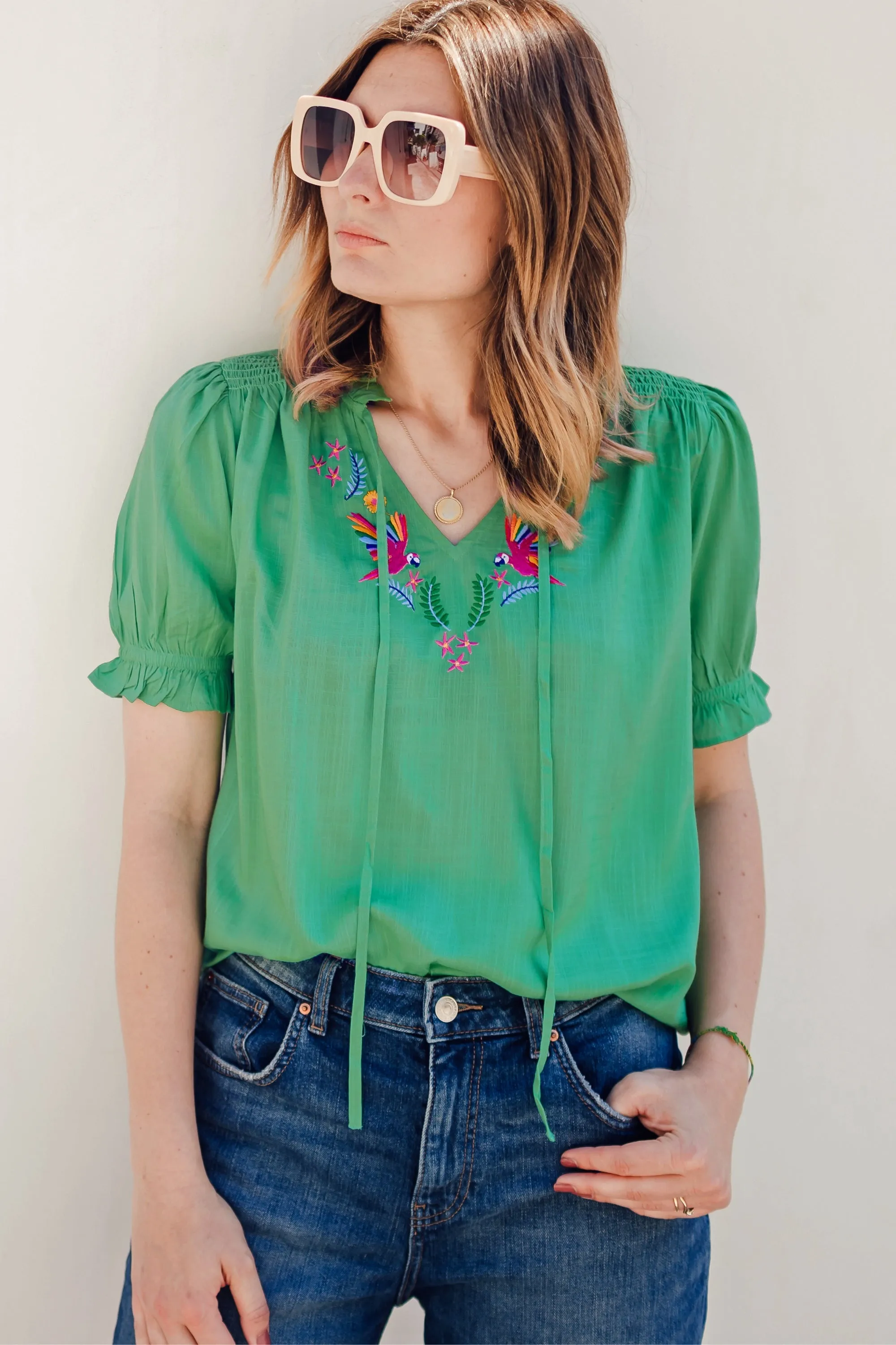 Angelique Shirred Top - Green. Rainbow Parrots Embroidery