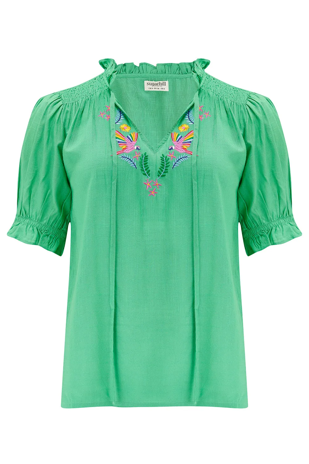 Angelique Shirred Top - Green. Rainbow Parrots Embroidery