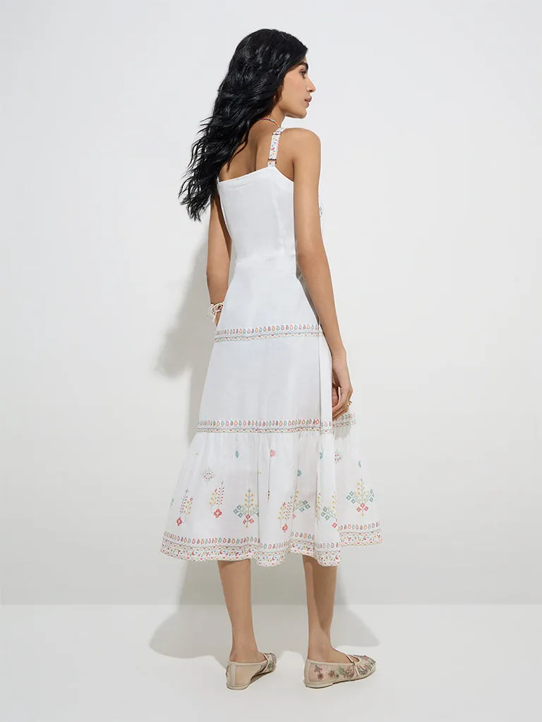 Bombay Paisley White Floral Printed Cotton A-Line Dress