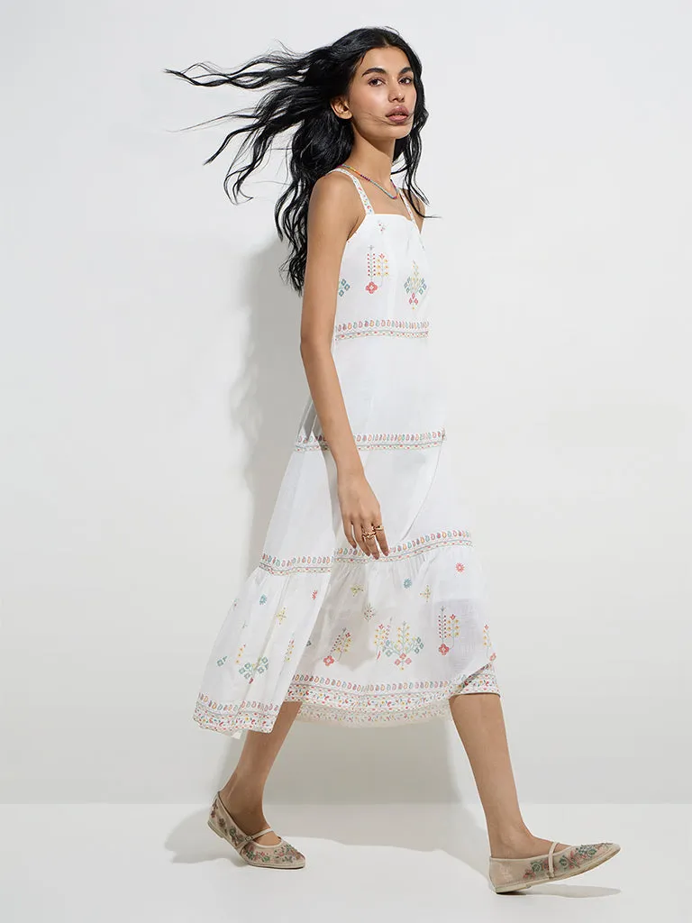Bombay Paisley White Floral Printed Cotton A-Line Dress