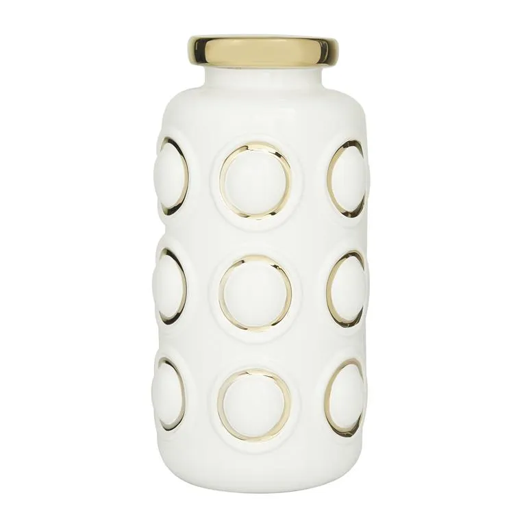 COSMOLIVING BY COSMOPOLITAN WHITE CERAMIC VASE WITH GOLD CIRCLE ACCENTS