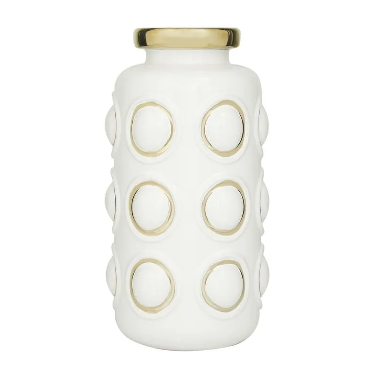 COSMOLIVING BY COSMOPOLITAN WHITE CERAMIC VASE WITH GOLD CIRCLE ACCENTS