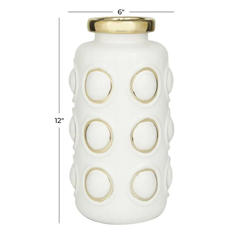 COSMOLIVING BY COSMOPOLITAN WHITE CERAMIC VASE WITH GOLD CIRCLE ACCENTS