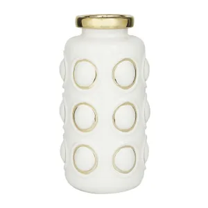 COSMOLIVING BY COSMOPOLITAN WHITE CERAMIC VASE WITH GOLD CIRCLE ACCENTS
