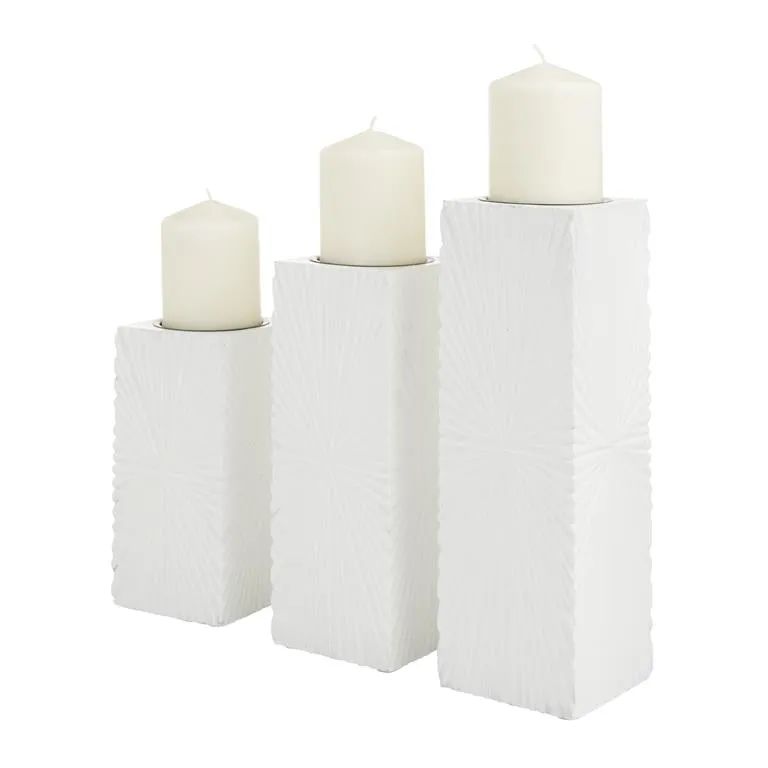 COSMOPOLITAN WHITE WOOD GEOMETRIC CARVED PILLAR CANDLE HOLDER, SET OF 3