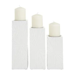 COSMOPOLITAN WHITE WOOD GEOMETRIC CARVED PILLAR CANDLE HOLDER, SET OF 3