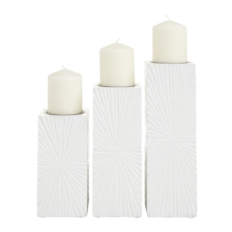 COSMOPOLITAN WHITE WOOD GEOMETRIC CARVED PILLAR CANDLE HOLDER, SET OF 3