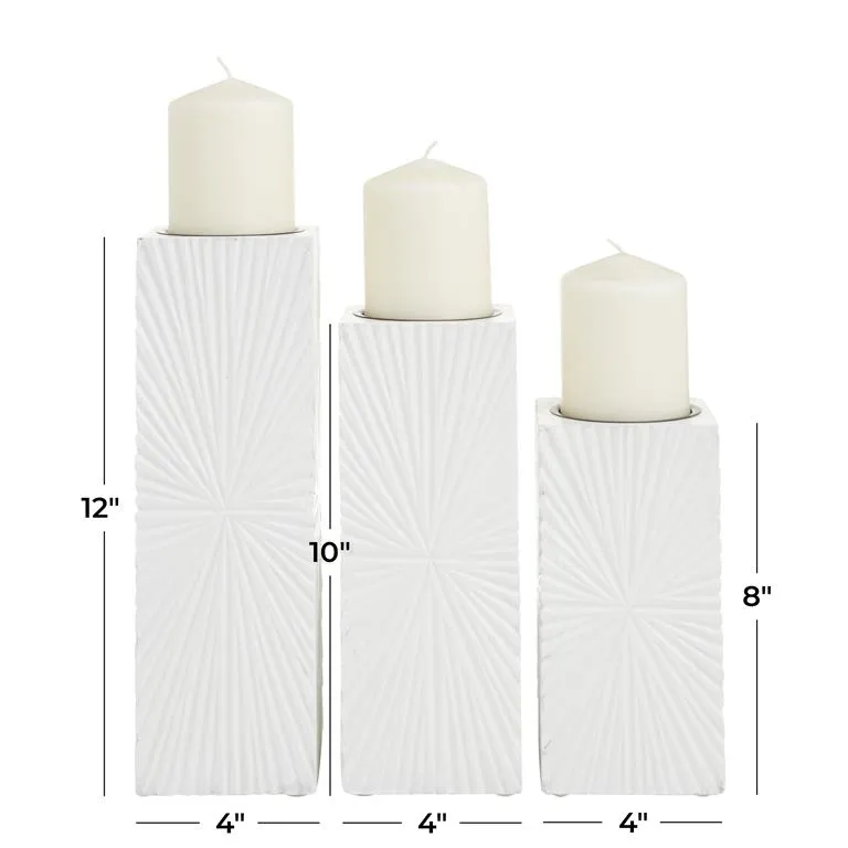 COSMOPOLITAN WHITE WOOD GEOMETRIC CARVED PILLAR CANDLE HOLDER, SET OF 3