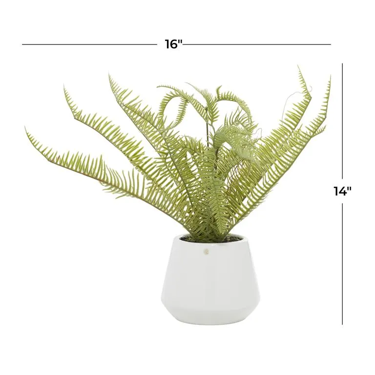 GREEN FAUX FOLIAGE FERN ARTIFICIAL PLANT WITH WHITE CERAMIC POT