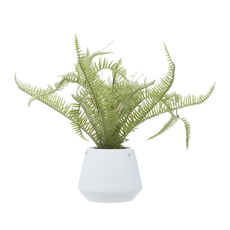 GREEN FAUX FOLIAGE FERN ARTIFICIAL PLANT WITH WHITE CERAMIC POT