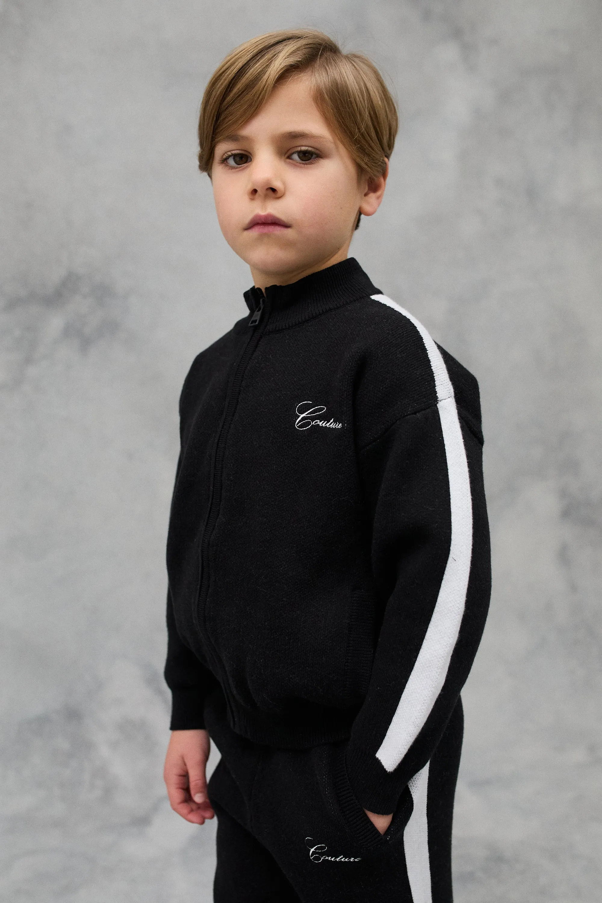 JNR SIDE STRIPE KNITTED ZIP THROUGH - BLACK