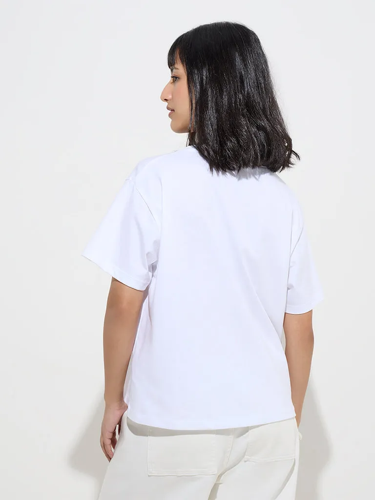 LOV White Floral Design Cotton T-Shirt