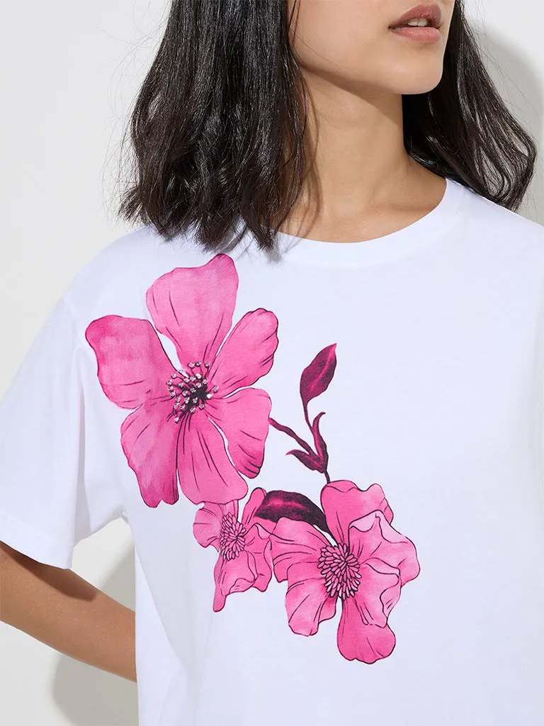 LOV White Floral Design Cotton T-Shirt