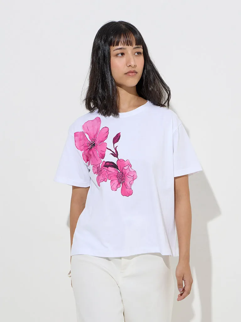 LOV White Floral Design Cotton T-Shirt