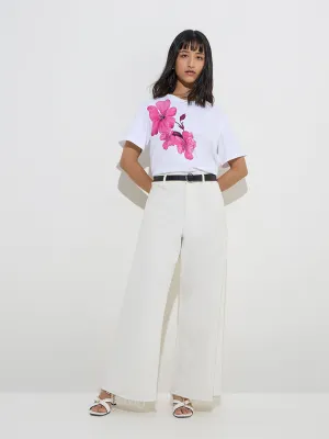 LOV White Floral Design Cotton T-Shirt