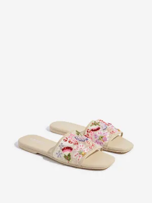 LUNA BLU Ivory Floral Embellished Slides
