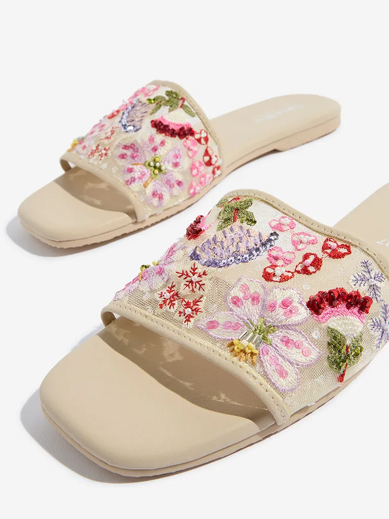 LUNA BLU Ivory Floral Embellished Slides