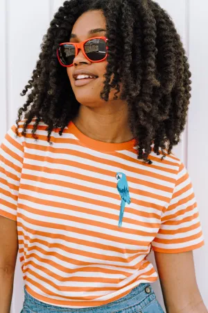 Maggie T-shirt - Off-White/Orange. Stripy Parrot