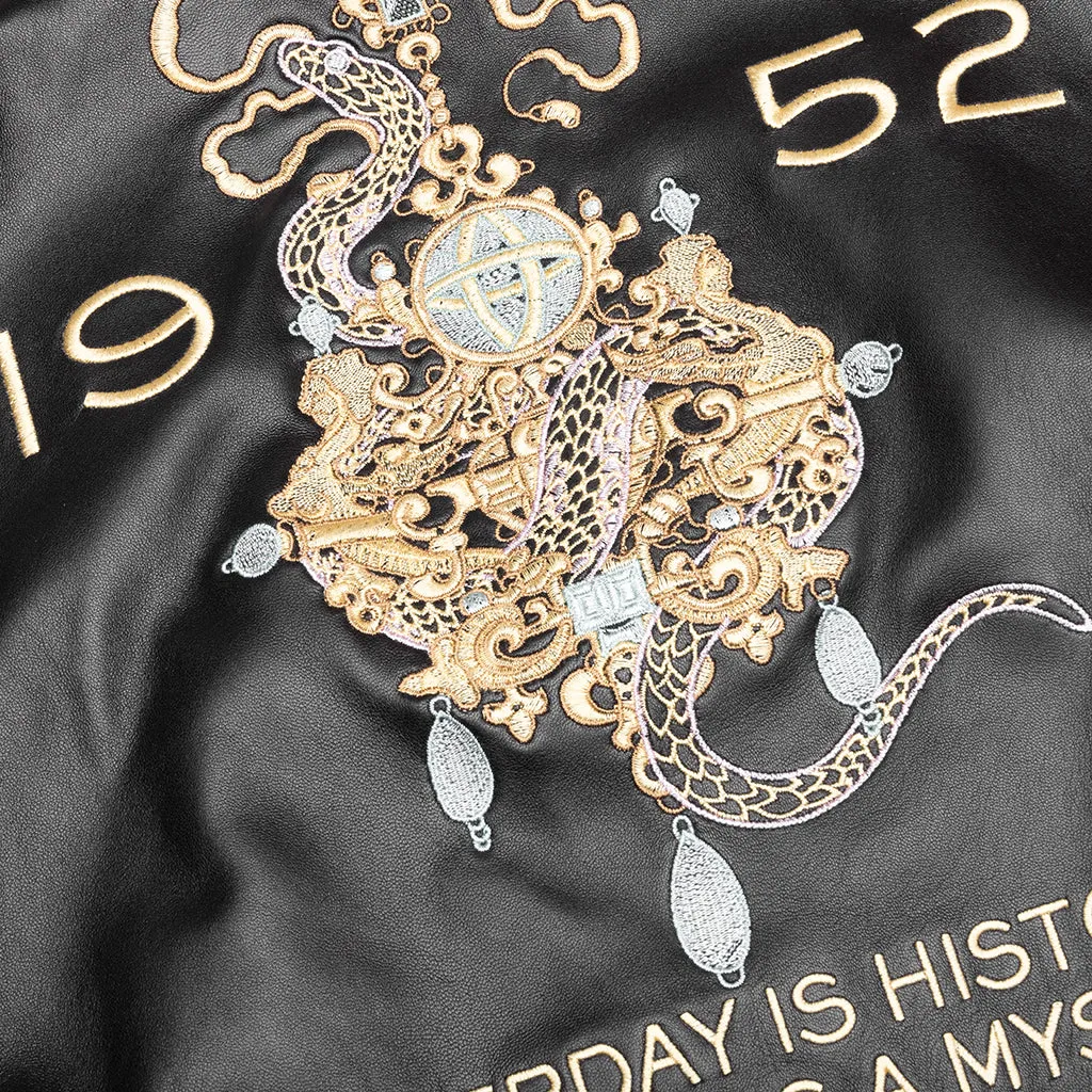 Nappa Leather Varsity Jacket with Chandelier and Snake Embroideries - Black/White