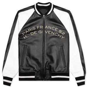 Nappa Leather Varsity Jacket with Chandelier and Snake Embroideries - Black/White