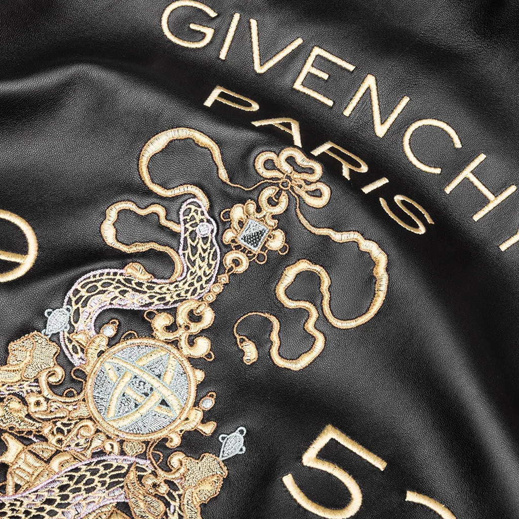 Nappa Leather Varsity Jacket with Chandelier and Snake Embroideries - Black/White