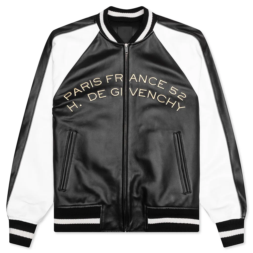Nappa Leather Varsity Jacket with Chandelier and Snake Embroideries - Black/White
