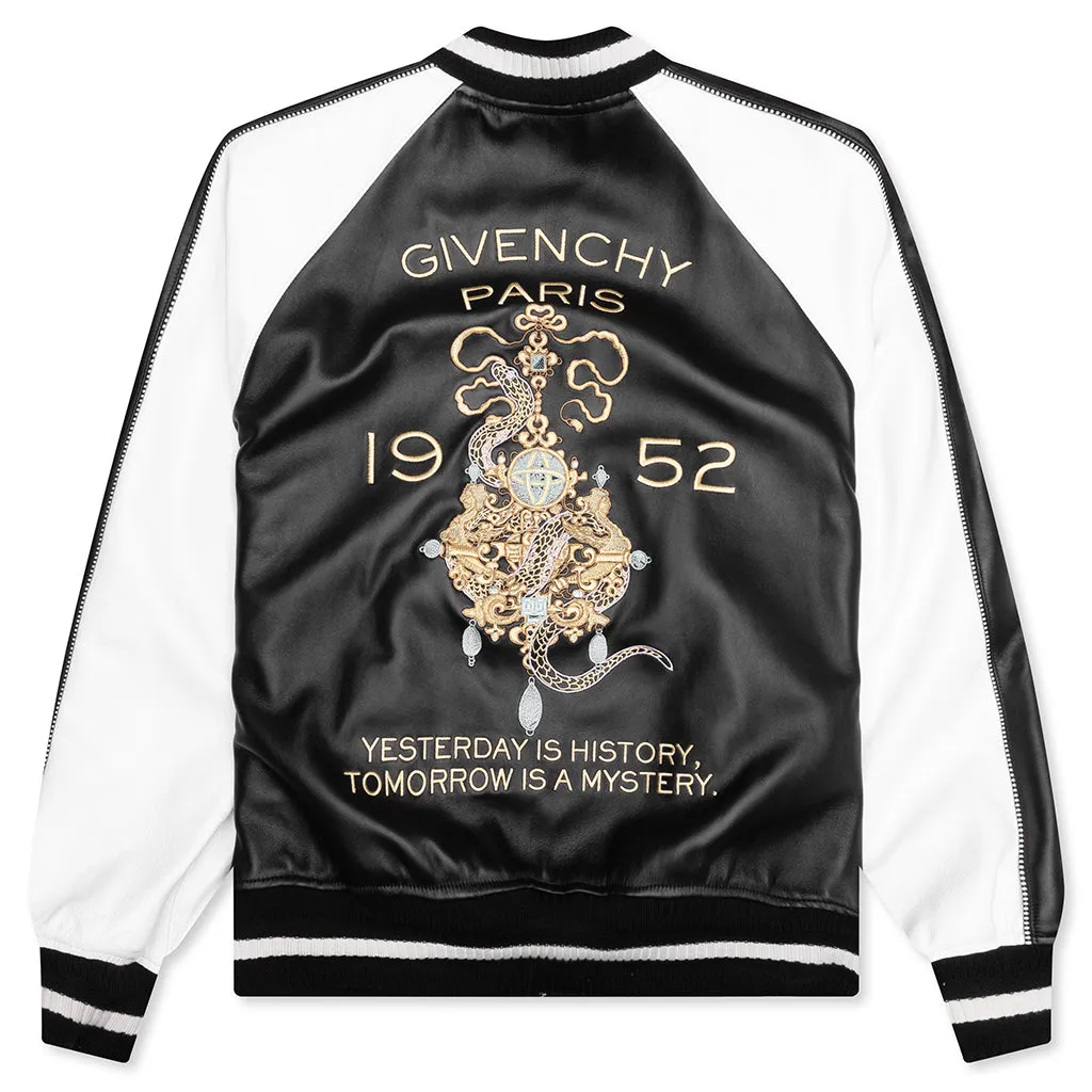 Nappa Leather Varsity Jacket with Chandelier and Snake Embroideries - Black/White