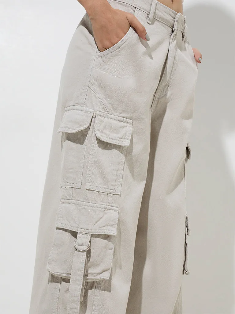 Nuon Beige Cargo-Style Relaxed-Fit Mid-Rise Jeans