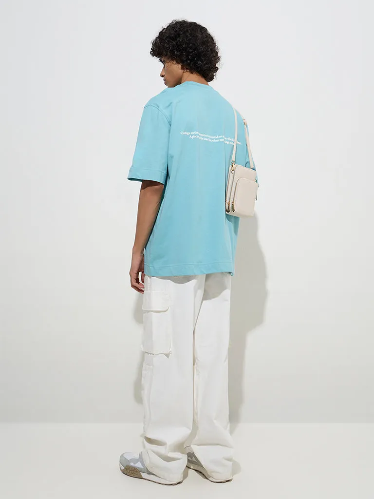 Nuon Blue Printed Relaxed-Fit Cotton T-Shirt