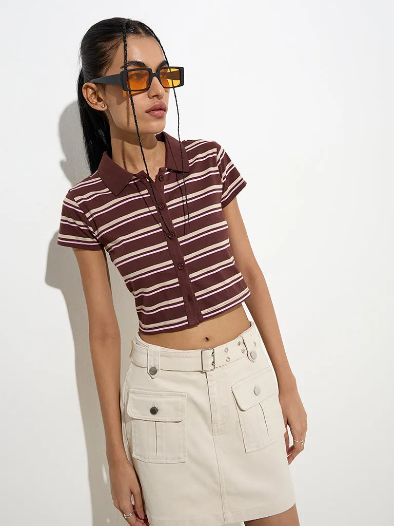 Nuon Dark Brown Striped Cotton Shirt
