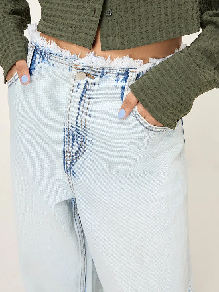 Nuon Light Blue Fringe Relaxed-Fit High-Rise Jeans