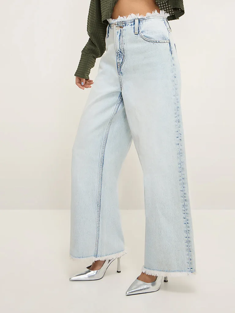 Nuon Light Blue Fringe Relaxed-Fit High-Rise Jeans