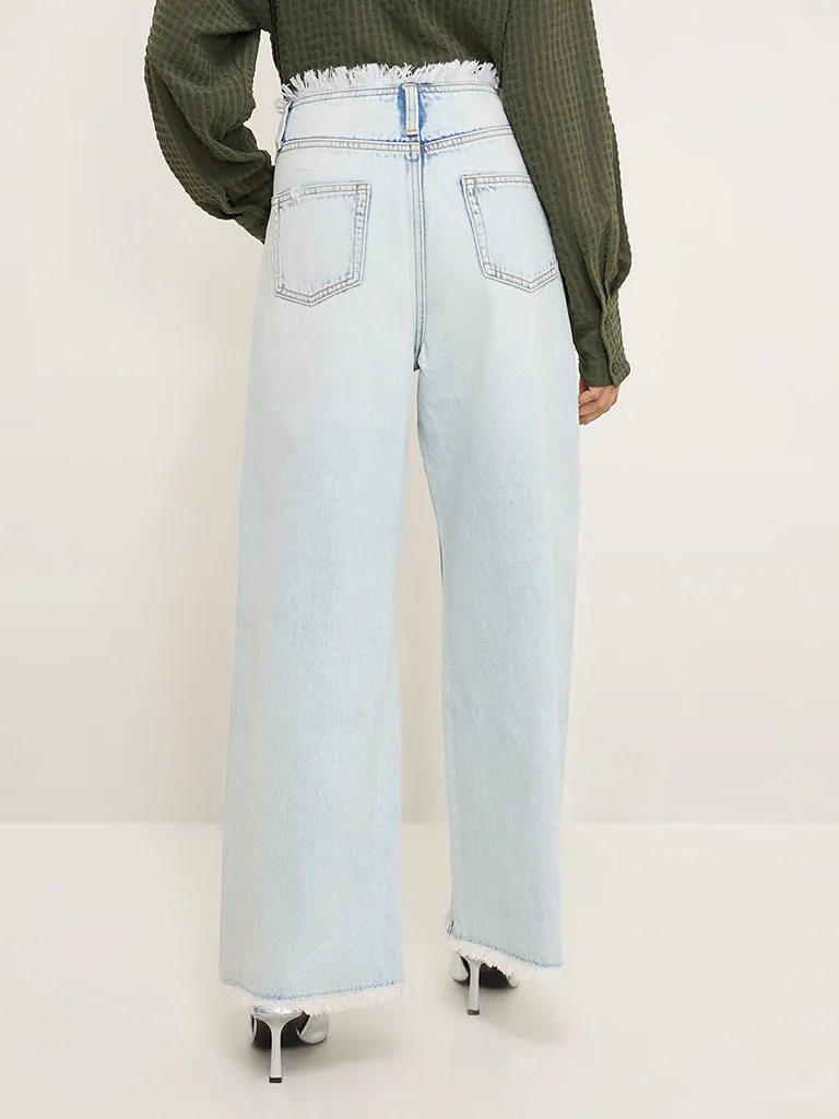 Nuon Light Blue Fringe Relaxed-Fit High-Rise Jeans