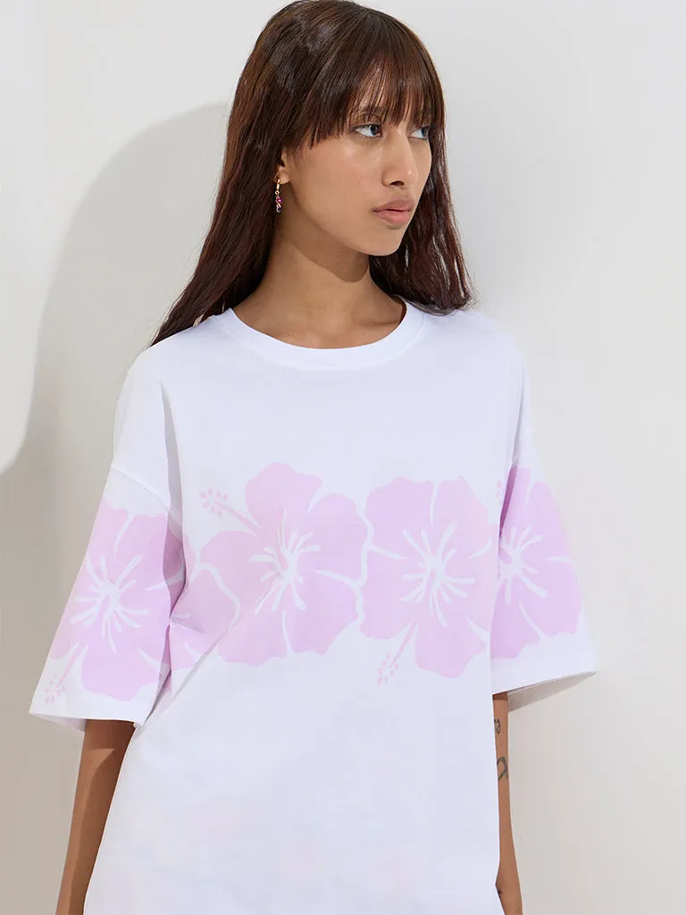 Nuon White Floral Design Oversized Cotton T-Shirt