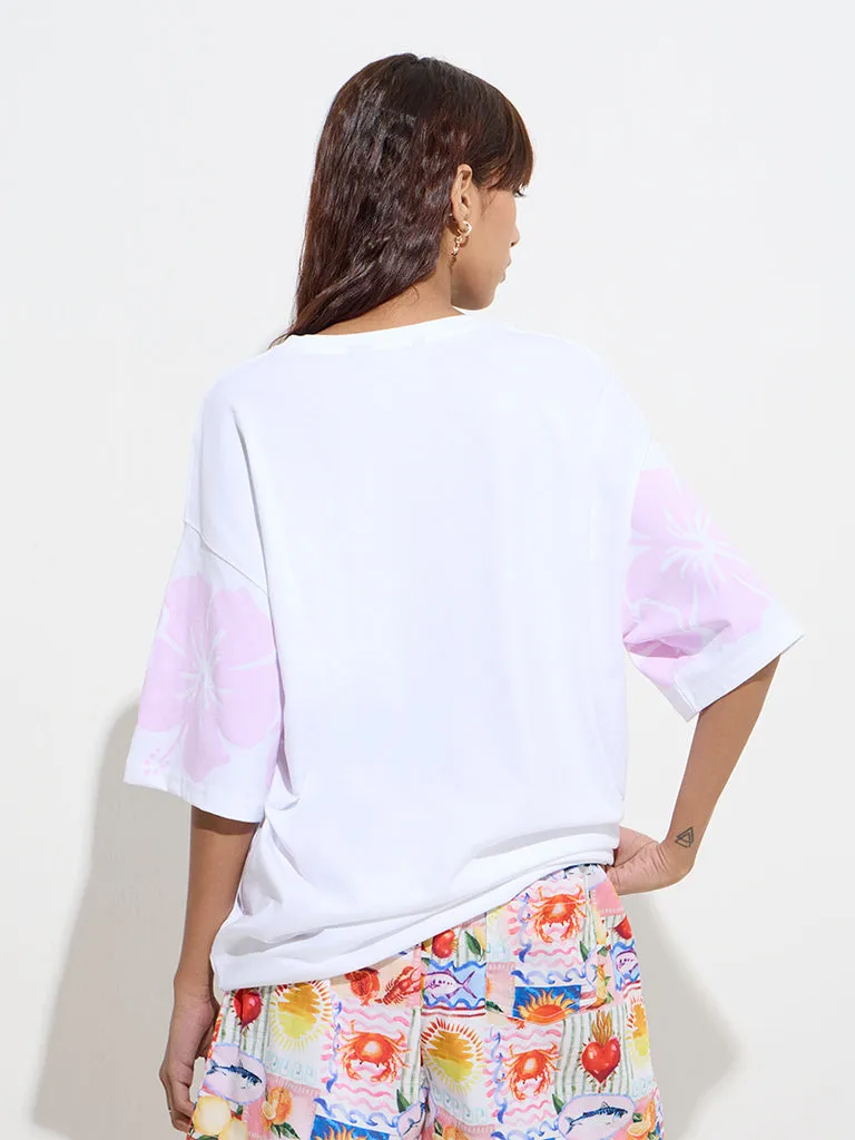 Nuon White Floral Design Oversized Cotton T-Shirt