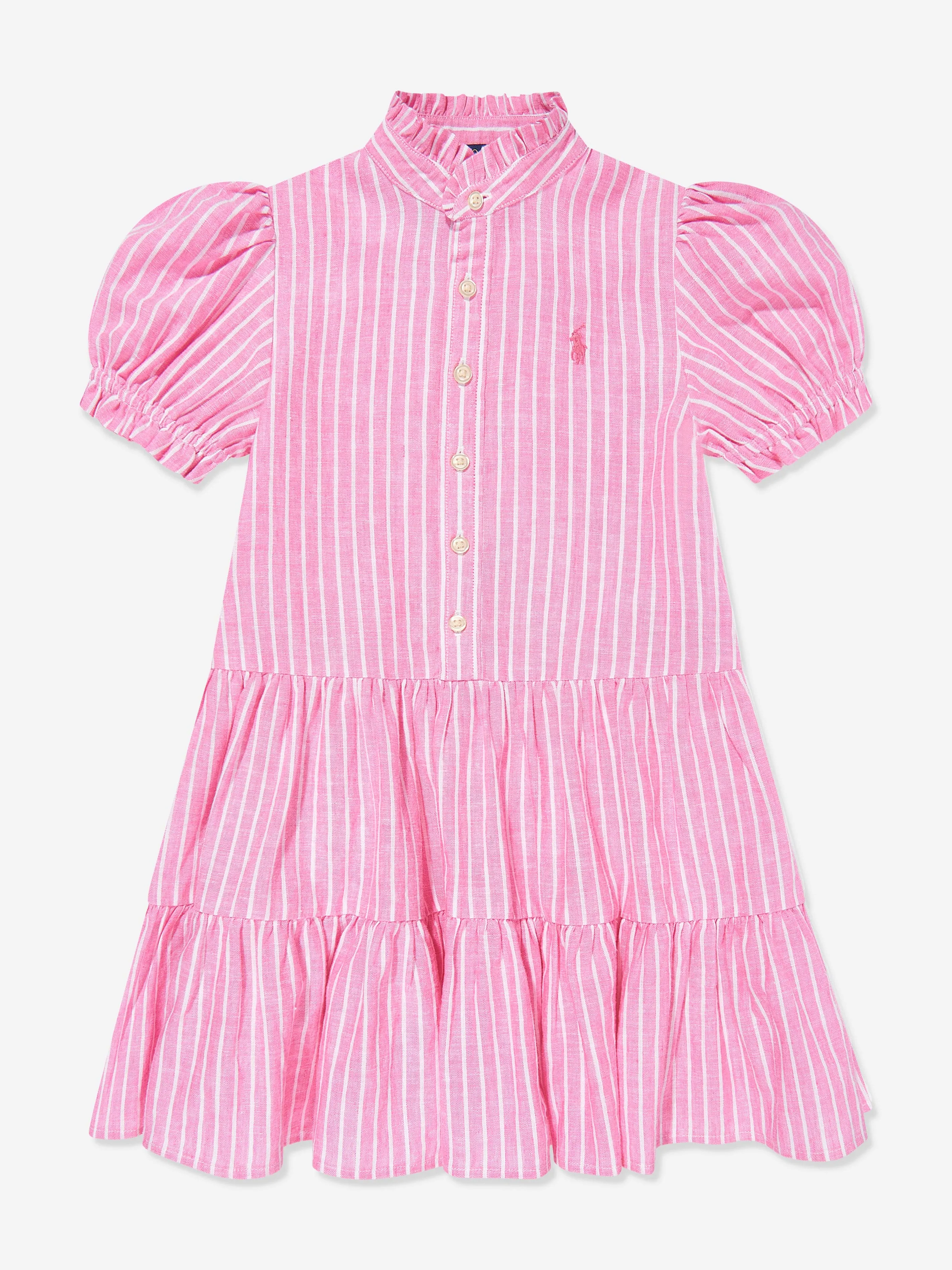 Ralph Lauren Girls Striped Tier Shirt Dress in Pink