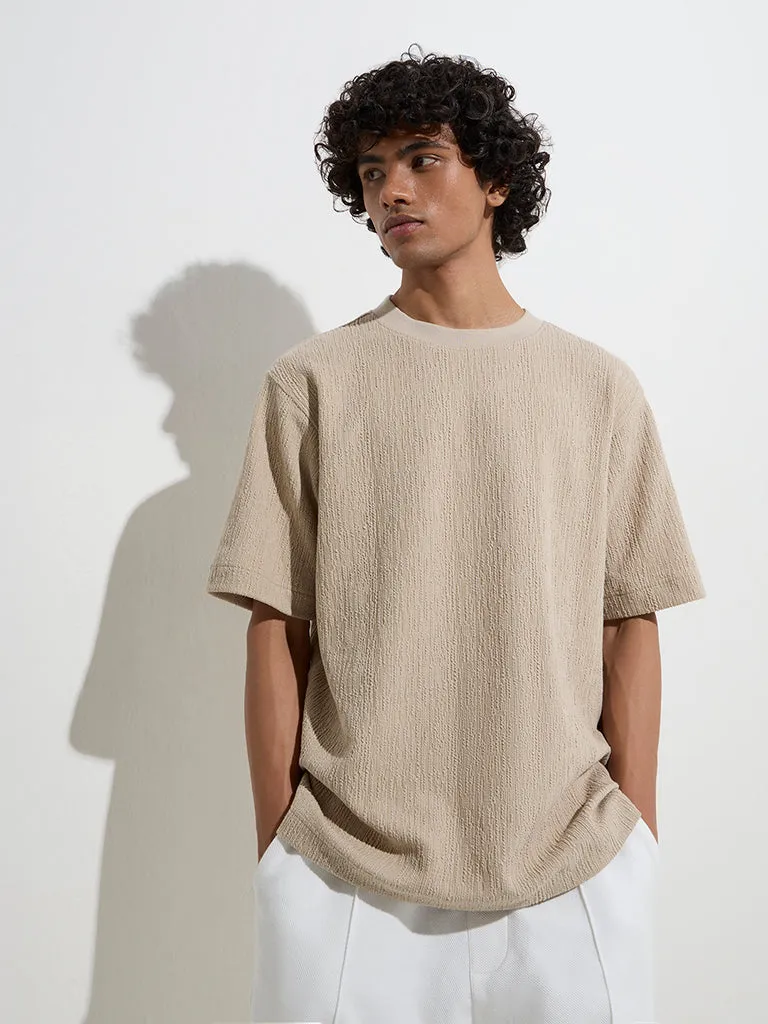 Studiofit Beige Textured Relaxed-Fit Cotton-Blend T-Shirt