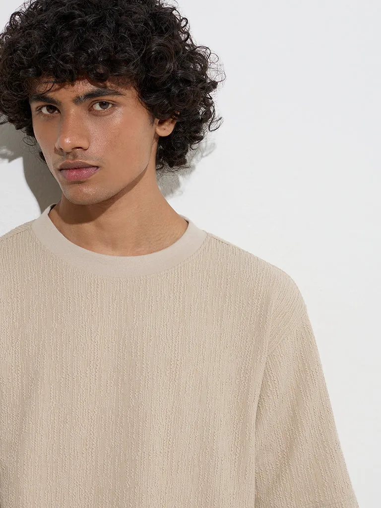 Studiofit Beige Textured Relaxed-Fit Cotton-Blend T-Shirt