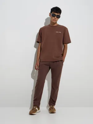 Studiofit Brown Embroidered Relaxed-Fit Cotton-Blend T-Shirt