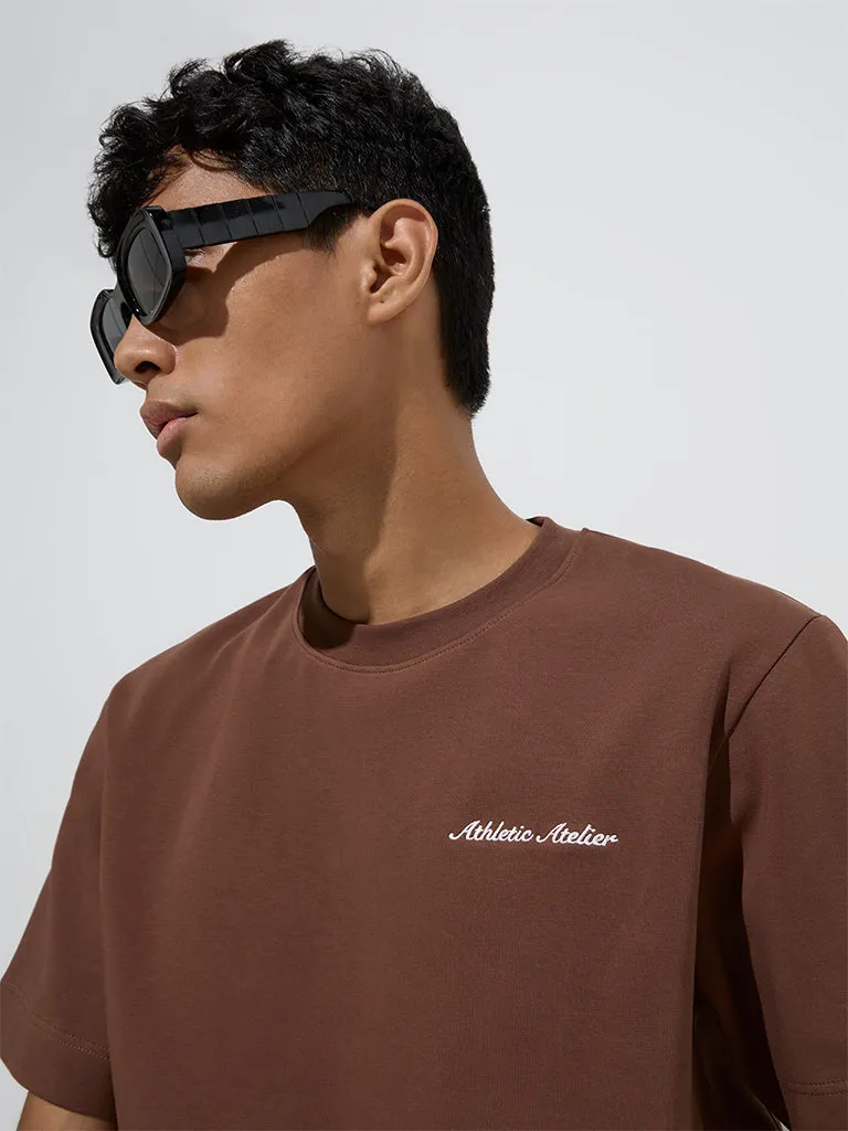 Studiofit Brown Embroidered Relaxed-Fit Cotton-Blend T-Shirt
