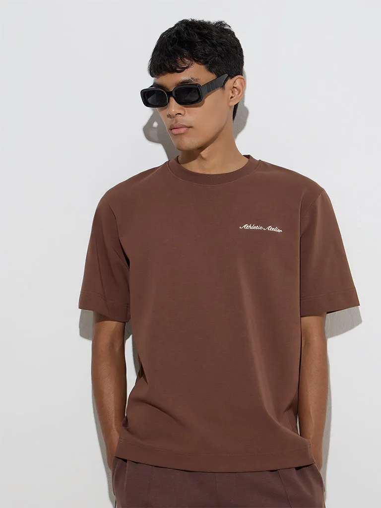Studiofit Brown Embroidered Relaxed-Fit Cotton-Blend T-Shirt