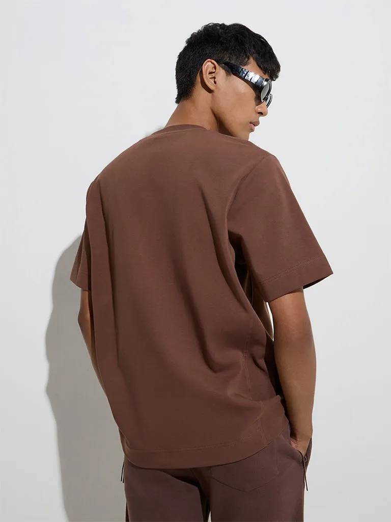 Studiofit Brown Embroidered Relaxed-Fit Cotton-Blend T-Shirt