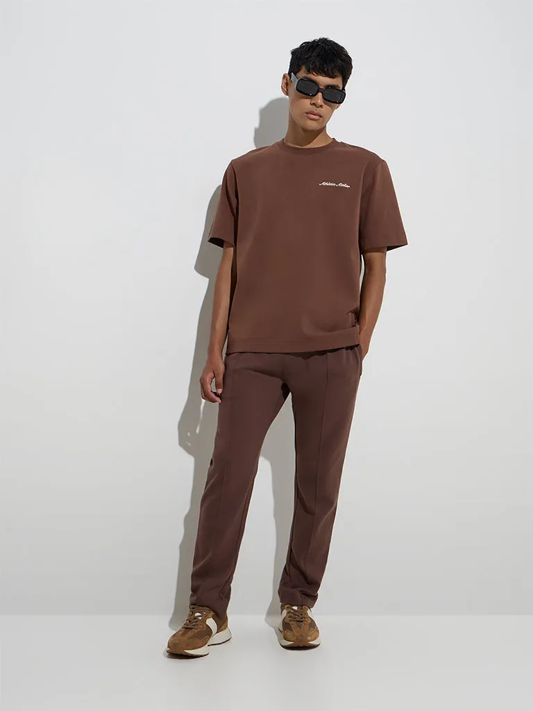 Studiofit Brown Embroidered Relaxed-Fit Cotton-Blend T-Shirt