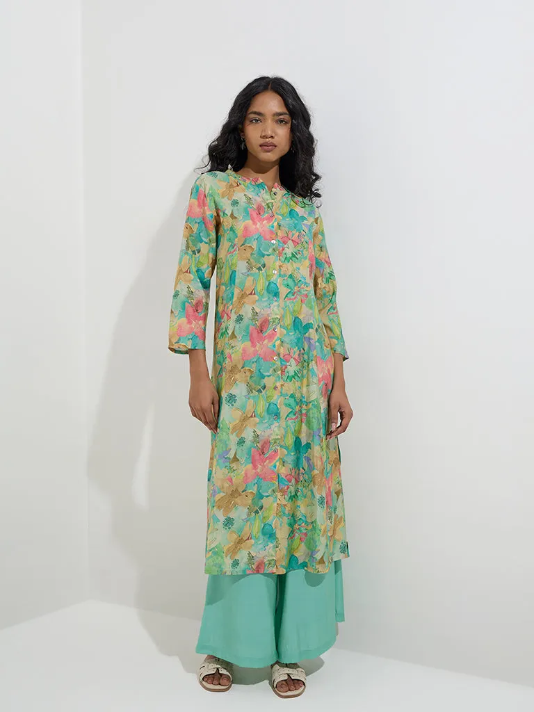 Utsa Aqua Floral Printed A-Line Kurta