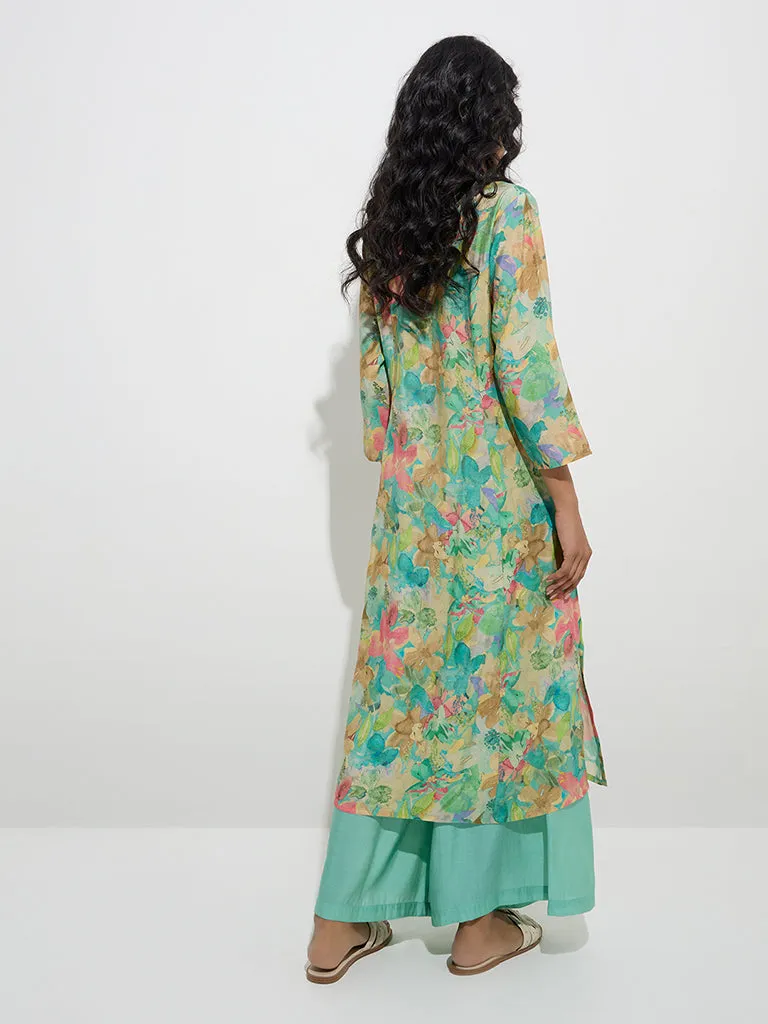 Utsa Aqua Floral Printed A-Line Kurta