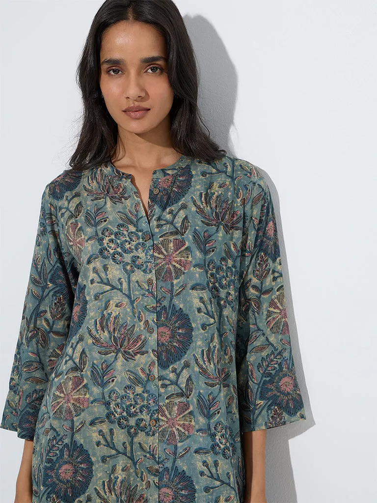 Utsa Blue Floral Printed A-Line Kurta