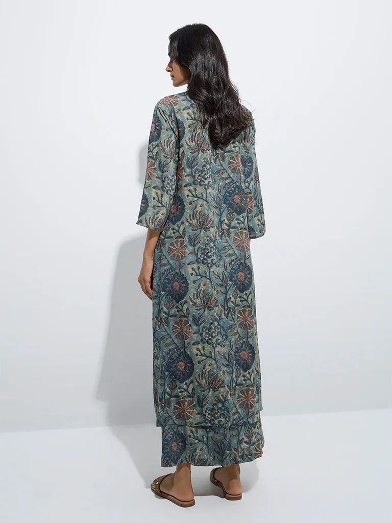 Utsa Blue Floral Printed A-Line Kurta